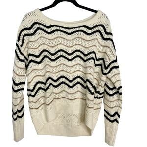 New Skies Are Blue Medium M Cream Black Gold Chevron Striped Open Knit Sweater